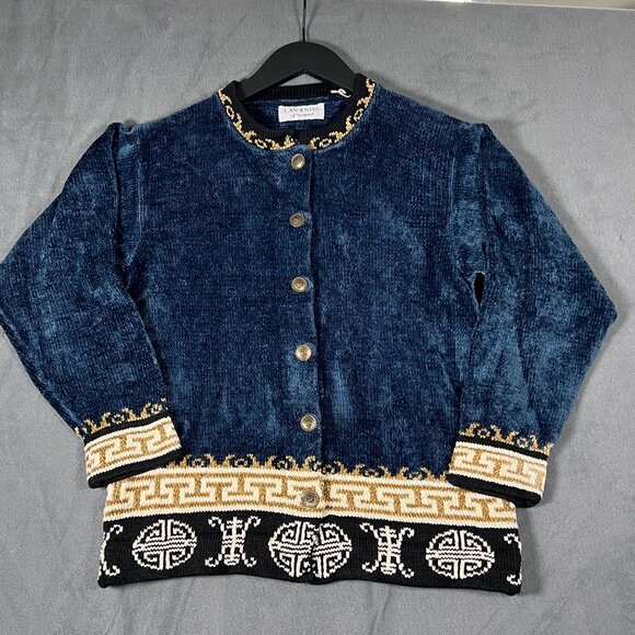 LAN KNITS of Vermont Sweaters - Lan Knits of Vermont Vintage Cardigan Blue Gold Hand Loomed Old Money Small